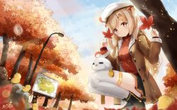 Rule 34 | &gt; &lt;, 1girl, = =, animal, ankle boots, asahi kuroi, autumn, autumn leaves, beret, bird, bird hair ornament, black footwear, blonde hair, blue sky, blurry, blush, boots, brown coat, chicken, closed mouth, coat, day, depth of field, drawstring, hair ornament, hat, highres, holding, holding leaf, lamppost, leaf, legs together, long hair, long sleeves, looking at viewer, map, miniskirt, one side up, open clothes, open coat, original, outdoors, park, plant, pleated skirt, red sweater, rock, signature, skirt, sky, sleeves past wrists, smile, solo, squatting, sweater, tareme, thighhighs, translation request, tree, unbuttoned, very long hair, white hat, white thighhighs, yellow eyes, zettai ryouiki