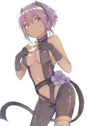 Rule 34 | 1girl, bad id, bad twitter id, bandages, bandaged leg, bandages, black gloves, breasts, center opening, cleavage, contrapposto, dark skin, dark-skinned female, fate/prototype, fate/prototype: fragments of blue and silver, fate (series), fingerless gloves, flower, from below, gloves, hairband, hands on own chest, hassan of serenity (fate), highres, kurodeko, looking at viewer, looking down, mask, unworn mask, medium breasts, navel, open mouth, parted lips, purple eyes, purple hair, sash, short hair, simple background, solo, standing, turtleneck, white background