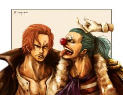 Rule 34 | 2boys, artist name, black coat, blue hair, buggy the clown, clown nose, coat, commentary request, epaulettes, facepaint, facial hair, gloves, highres, makeup, male focus, medium hair, multiple boys, one piece, open mouth, ponytail, red hair, red nose, scar, scar across eye, scar on face, shanks (one piece), teeth, tongue, tongue out, torapunch, white gloves