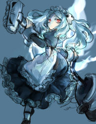 Rule 34 | 1girl, apron, bloody marie (skullgirls), blue background, blue fire, commentary request, fire, hair ornament, holding, looking at viewer, maid, maid apron, maid headdress, mary janes, notoro, red eyes, shoes, silver hair, skull, skullgirls, solo, teeth, twintails, vacuum cleaner