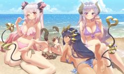 Rule 34 | 4girls, ;p, absurdres, adjusting clothes, adjusting swimsuit, arm support, ass, bare arms, bare shoulders, barefoot, beach, bikini, black hair, blue bikini, blue eyes, blush, breasts, brown bikini, brown eyes, cleavage, closed mouth, collarbone, commentary request, day, demon girl, demon horns, demon tail, eyepatch, feet out of frame, food, frilled bikini, frills, front-tie bikini top, front-tie top, green hair, hair between eyes, hand up, highres, holding, holding food, honey strap, horizon, horns, knees up, large breasts, layered bikini, legs up, lifted by self, long hair, looking at viewer, looking back, lying, medium breasts, mizunashi (second run), mole, mole under mouth, multicolored hair, multiple girls, nanashi inc., navel, ocean, on ground, on side, on stomach, one eye closed, outdoors, parted bangs, pink bikini, pointy ears, popsicle, purple bikini, purple eyes, purple hair, red eyes, red hair, saionji mary, sand, sarong, see-through, sekishiro mico, shimamura charlotte, side-tie bikini bottom, sidelocks, silver hair, sitting, smile, strap lift, streaked hair, striped bikini, striped clothes, suou patra, swimsuit, tail, tongue, tongue out, very long hair, virtual youtuber, water