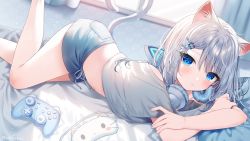 Rule 34 | 1girl, animal ear headphones, animal ears, bare shoulders, bed sheet, blue eyes, blue shorts, cat ear headphones, cat ears, cat girl, cat tail, closed mouth, commentary, controller, crop top, curtains, fake animal ears, feet out of frame, game controller, grey hair, grey nails, grey shirt, hair between eyes, hair ornament, hairclip, headphones, headphones around neck, looking at viewer, lying, mafuyu (chibi21), midriff, nail polish, navel, off shoulder, on stomach, original, pillow, shirt, short shorts, short sleeves, shorts, sidelocks, solo, symbol-only commentary, tail, window