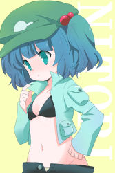 Rule 34 | 1girl, bad id, bad pixiv id, blue hair, bra, female focus, flat chest, green eyes, groin, hair bobbles, hair ornament, hand on own hip, hat, ica, jacket, kawashiro nitori, lingerie, midriff, navel, no shirt, open clothes, open jacket, open shirt, shirt, solo, touhou, twintails, two side up, underwear, upper body
