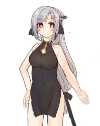 Rule 34 | 1girl, absurdly long hair, animal ears, aquaplus, bare arms, bare shoulders, blush, breasts, bright pupils, cat tail, chinese clothes, closed mouth, collarbone, cowboy shot, eyes visible through hair, hair between eyes, hair over one eye, high ponytail, kuon (utawarerumono), kuon tenshi, long hair, looking at viewer, low-tied long hair, medium breasts, multicolored eyes, orange eyes, ponytail, qipao dress, red eyes, sidelocks, silver hair, sleeveless, smile, solo, spoilers, standing, swept bangs, tail, thighs, totoroppu, utawarerumono, utawarerumono: futari no hakuoro, very long hair, white pupils