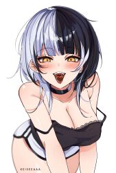 Rule 34 | 1girl, absurdres, black hair, blunt bangs, blush, breasts, chocolate, choker, cleavage, grey hair, highres, hololive, hololive english, keisea, large breasts, long hair, looking at viewer, multicolored hair, pov, saliva, shiori novella, smile, solo, split-color hair, teeth, tongue, two-tone hair, upper teeth only, virtual youtuber, yellow eyes