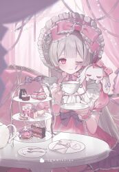 Rule 34 | 1girl, ;), bow, bowtie, cake, cake slice, canele, closed mouth, commentary request, commission, couch, cream, cup, curtains, dress, drink, drinking glass, fingernails, food, fork, frilled bow, frilled dress, frilled sleeves, frills, gem, glint, grey hair, grey ribbon, hair bow, handkerchief, heart, heart-shaped pupils, highres, holding, holding cup, holding drink, holding saucer, jewelry, light smile, lolita fashion, long hair, nail polish, on couch, one eye closed, original, pastel colors, pearl (gemstone), pink bow, pink bowtie, pink dress, pink eyes, pink theme, puffy short sleeves, puffy sleeves, purple nails, ring, round table, saucer, short sleeves, sitting, skeb commission, smile, solo, spoon, stuffed toy, symbol-shaped pupils, table, teacup, teapot, tiered tray, upper body, watermark, wrist cuffs, youichi (45 01)