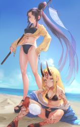 Rule 34 | 1girl, bikini, black bikini, black hair, blonde hair, blue eyes, check translation, facial mark, fate/grand order, fate (series), forehead mark, highres, horns, ibaraki douji (fate), ibaraki douji (fate/grand order), ibaraki douji (swimsuit lancer) (fate), ibaraki douji (swimsuit lancer) (first ascension) (fate), jacket, long hair, looking at viewer, navel, oni, oni horns, otsukemono, parted bangs, partially translated, pointy ears, side ponytail, swimsuit, translation request, ushiwakamaru (fate), ushiwakamaru (fate/grand order), ushiwakamaru (swimsuit assassin) (fate), ushiwakamaru (swimsuit assassin) (first ascension) (fate), very long hair