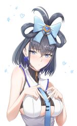 Rule 34 | 1girl, absurdres, black hair, blue eyes, blue ribbon, bow, bow earrings, breasts, commentary, earrings, english commentary, heart, highres, hololive, hololive english, jewelry, large breasts, ouro kronii, ribbon, ribbon hair, solo, star (symbol), virtual youtuber, zenya