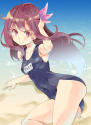 Rule 34 | 10s, 1girl, adjusting hair, arm support, arm up, armpits, artist name, bare legs, bare shoulders, beach, blush, brown eyes, brown hair, collarbone, covered navel, flower, hair flower, hair ornament, highres, imu sanjo, kantai collection, kisaragi (kancolle), long hair, looking at viewer, lying, on side, one-piece swimsuit, outdoors, sand, school swimsuit, skin tight, smile, solo, swimsuit, water, wind