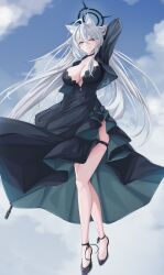 Rule 34 | 1girl, absurdres, ahoge, animal ear fluff, animal ears, ankle strap, arm behind head, arm up, black choker, black dress, black footwear, blue archive, blue sky, breasts, choker, cloud, collarbone, dot nose, dress, floating, full body, green eyes, grey hair, grin, hair between eyes, halo, highres, knees together feet apart, large breasts, legs together, long dress, long hair, looking at viewer, official alternate costume, shiroko (blue archive), shiroko terror (blue archive), sky, smile, solo, thigh strap, vanko (vank0a)