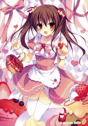 Rule 34 | 1girl, :d, absurdres, basket, breasts, brown hair, cake, checkered background, dress, food, fruit, highres, open mouth, ribbon, ringonotane, smile, strawberry, thighhighs, twintails, white thighhighs