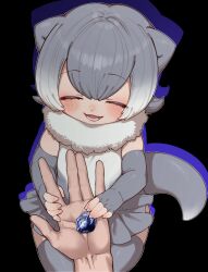 Rule 34 | 1girl, animal ears, blush, closed eyes, disembodied hand, elbow gloves, fangs, fingerless gloves, frilled one-piece swimsuit, frills, fur collar, gloves, grey gloves, grey hair, grey one-piece swimsuit, grey thighhighs, hair between eyes, hand size difference, highres, holding hands, kemono friends, multicolored hair, notora, one-piece swimsuit, open mouth, otter ears, otter girl, otter tail, pov, short hair, sidelocks, small-clawed otter (kemono friends), smile, solo, swimsuit, tail, thighhighs, two-tone hair, two-tone one-piece swimsuit, white fur, white hair, white one-piece swimsuit, zettai ryouiki