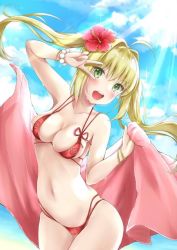 Rule 34 | 1girl, :d, bikini, blonde hair, blue sky, blush, bracelet, breasts, cleavage, cloud, collarbone, cowboy shot, day, fate/grand order, fate (series), floating hair, flower, green eyes, hair intakes, hibiscus, jewelry, long hair, looking at viewer, medium breasts, mikujin (mikuzin24), multi-strapped bikini, navel, nero claudius (fate), nero claudius (fate) (all), nero claudius (swimsuit caster) (fate), open mouth, outdoors, red bikini, red flower, red ribbon, ribbon, sky, smile, solo, sunlight, swimsuit, twintails, v over eye, very long hair