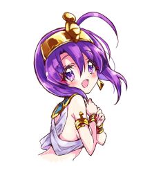 Rule 34 | 1girl, ahoge, bare shoulders, breasts, cropped torso, earrings, egyptian, egyptian clothes, jashin-chan dropkick, jewelry, looking at viewer, medusa (jashin-chan dropkick), open mouth, purple eyes, purple hair, short hair, simple background, small breasts, smile, solo, uraeus, white background, yukiwo