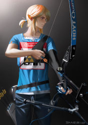 Rule 34 | 1boy, absurdres, adapted costume, alternate costume, aqua shirt, archery, arrow (projectile), blonde hair, blouse, blue shirt, bow (weapon), commentary, compound bow, contemporary, cowboy shot, darr1o, drawstring, english commentary, gloves, grey background, highres, holding, holding bow (weapon), holding weapon, hoyt archery, link, male focus, name tag, nintendo, pointy ears, ponytail, quiver, shirt, short sleeves, signature, single glove, solo, the legend of zelda, the legend of zelda: breath of the wild, weapon