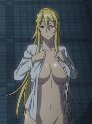 Rule 34 | 1girl, absurdres, blonde hair, breasts, cleavage, cropped, highres, highschool of the dead, large breasts, long hair, marikawa shizuka, naked shirt, navel, no bra, no panties, open clothes, out-of-frame censoring, screencap, shirt, solo, standing, third-party edit