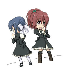 Rule 34 | 00s, 2girls, aoi nagisa, blue hair, bow, chibi, dress, long sleeves, multiple girls, open mouth, own hands together, red hair, school uniform, simple background, strawberry panic!, suzumi tamao, white background, white legwear