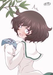 Rule 34 | 1girl, ^^^, akiyama yukari, artist name, bamboo, blouse, blush, brown eyes, brown hair, caught, commentary, constricted pupils, from behind, frown, girls und panzer, green skirt, hazuki haru, highres, holding, holding paper, long sleeves, looking at viewer, looking back, messy hair, one-hour drawing challenge, ooarai school uniform, open mouth, oversized clothes, paper, school uniform, serafuku, shirt, short hair, signature, simple background, skirt, sleeves past fingers, sleeves past wrists, solo, standing, surprised, tanabata, tanzaku, translated, white background, white shirt