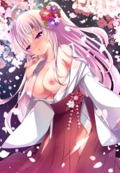Rule 34 | 1girl, :o, bare shoulders, blush, breasts, cleavage, collarbone, flower, hair flower, hair ornament, hairclip, hakama, hakama skirt, hand up, ichiyou moka, japanese clothes, kimono, large breasts, long hair, long sleeves, loose clothes, miko, nipples, off shoulder, original, outdoors, parted lips, petals, pink hair, purple eyes, red hakama, side ponytail, skirt, solo, white kimono