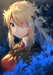Rule 34 | 1girl, black cape, blonde hair, blue eyes, bug, butterfly, cape, closed mouth, collared shirt, commentary, hair over one eye, insect, ji dao ji, lexington (warship girls r), long hair, looking at viewer, necktie, red necktie, shirt, sidelocks, solo, very long hair, warship girls r, white shirt