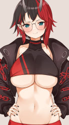 Rule 34 | 1girl, absurdres, black hair, black jacket, black nails, blush, breasts, choco tanuki, commentary request, crop top, demon horns, ear piercing, fang, fang out, glasses, hands on own hips, highres, horns, jacket, large breasts, long hair, long sleeves, nail polish, nanashi inc., navel, open clothes, open jacket, piercing, pointy ears, puffy long sleeves, puffy sleeves, red hair, ryugasaki rene, ryugasaki rene (1st costume), short hair, simple background, smile, solo, stomach, sugar lyric, two side up, underboob, upper body, virtual youtuber