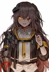 Rule 34 | blush, brown hair, girls&#039; frontline, hair between eyes, hair ornament, headgear, jacket, long hair, looking at viewer, mechanical arms, mod3 (girls&#039; frontline), one-eyed, one side up, open clothes, open jacket, scar, scar across eye, scar on face, shirt, silence girl, single mechanical arm, smile, solo, ump45 (girls&#039; frontline), ump45 (mod3) (girls&#039; frontline), untucked shirt, upper body, white shirt, wristband, yellow eyes