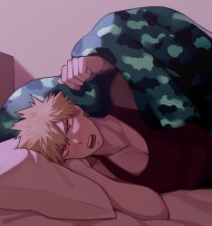 Rule 34 | 1boy, bakugou katsuki, bed, bedroom, black tank top, blonde hair, boku no hero academia, camouflage, donnaoneone, hand on own head, looking at viewer, lying, male focus, muscular, muscular male, on bed, on side, open mouth, pectoral cleavage, pectorals, pillow, pov across bed, red eyes, solo, spiked hair, tank top