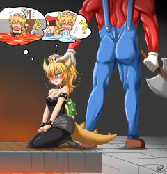 Rule 34 | 1boy, 1girl, @ @, armlet, artist request, artistic error, blouse, blue overalls, bowsette, bracelet, commentary, dated, english commentary, genderswap, genderswap (mtf), hand on another&#039;s head, highres, jewelry, lava, manly, mario, mario (series), new super mario bros. u deluxe, nintendo, overalls, pantyhose, red shirt, shirt, sitting, spiked armlet, spiked bracelet, spikes