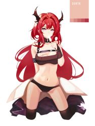 Rule 34 | 1girl, absurdres, arknights, armband, bare shoulders, black panties, black thighhighs, breasts, character name, cleavage, commentary, crop top, food, hair intakes, hand up, highres, holding, holding food, horns, kneeling, l.v.c., long hair, looking at viewer, medium breasts, midriff, navel, panties, popsicle, purple eyes, red hair, simple background, solo, stomach, surtr (arknights), symbol-only commentary, thighhighs, thighs, underwear, very long hair, white background