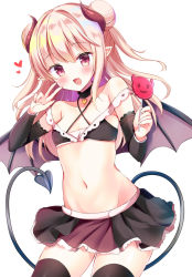 Rule 34 | 1girl, :d, arm warmers, bad id, bad pixiv id, bare shoulders, black choker, black skirt, black thighhighs, blonde hair, blush, breasts, candy, choker, collarbone, commentary request, cowboy shot, criss-cross halter, demon girl, demon horns, demon wings, double bun, fang, food, groin, hair bun, halterneck, hands up, heart, highres, holding, holding candy, holding food, holding lollipop, horns, lace trim, lollipop, long hair, looking at viewer, masayo (gin no ame), midriff, miniskirt, navel, open mouth, original, pink eyes, pointy ears, revealing clothes, sidelocks, simple background, skirt, small breasts, smile, solo, standing, stomach, thighhighs, two side up, v, white background, wings, zettai ryouiki