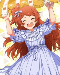 Rule 34 | 1girl, blue dress, card (medium), closed eyes, dress, idolmaster, idolmaster million live!, idolmaster million live! theater days, official art, ogami tamaki, open mouth, orange hair, side ponytail, solo
