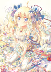 Rule 34 | 1girl, :q, ahoge, angel wings, ankle lace-up, bad id, bad nicoseiga id, bare shoulders, blonde hair, blue eyes, blush, bracelet, breasts, bustier, cake, cleavage, cross-laced footwear, female focus, flower, food, frills, gradient background, hair ribbon, jewelry, lingerie, lots of jewelry, macaron, midriff, nail polish, navel, necklace, original, ribbon, ring, sitting, skirt, solo, thighhighs, tongue, tongue out, twintails, underwear, wariza, wings, yamadori yoshitomo