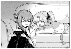 Rule 34 | 2girls, akitsushima (kancolle), closed eyes, commentary request, couch, fujinoki (horonabe-ken), greyscale, hair ribbon, headband, headgear, holding, kantai collection, long hair, long sleeves, lying, monochrome, multiple girls, on stomach, open mouth, parted lips, ponytail, radio, ribbon, short hair, side ponytail, signature, taihou (kancolle)