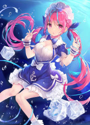Rule 34 | 1girl, anchor, anchor symbol, aqua hair, bad id, bad pixiv id, bare legs, blue bow, blue bowtie, blue dress, bow, bowtie, braid, breasts, bubble, cleavage, cleavage cutout, clothing cutout, colored inner hair, dress, frilled dress, frills, full body, hair ribbon, hololive, ice, ice cube, knees together feet apart, long hair, looking at viewer, maid headdress, medium breasts, minato aqua, minato aqua (1st costume), multicolored hair, parted lips, pink eyes, pink hair, ribbon, short sleeves, solo, sunlight, thighs, twintails, two-tone hair, underwater, virtual youtuber, wawako mama, wrist cuffs