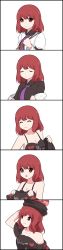 Rule 34 | 1girl, 5koma, :3, :d, ^ ^, alternate universe, arm up, armband, bad id, bad twitter id, bare shoulders, black border, black bra, black shirt, border, bra, breasts, character name, cleavage, closed eyes, clothes writing, coat, collarbone, comic, commentary, cosplay, drumsticks, english commentary, hand up, heart, hecatia lapislazuli, hecatia lapislazuli (cosplay), highres, holding, holding clothes, holding drumsticks, holding shirt, horikawa raiko, horikawa raiko (cosplay), juliet sleeves, large breasts, long image, long sleeves, look-alike, looking at viewer, medium breasts, necktie, no headwear, off-shoulder shirt, off shoulder, open clothes, open coat, open mouth, puffy sleeves, purple neckwear, red eyes, red hair, shirt, short hair, short sleeves, simple background, smile, solo, t-shirt, tall image, touhou, underwear, upper body, white background, white coat, yukome