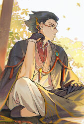 Rule 34 | 1boy, black gloves, black hair, closed mouth, day, glasses, gloves, granblue fantasy, hair ornament, haori, highres, indian style, japanese clothes, kimono, lalatia-meai, looking to the side, male focus, nezha (granblue fantasy), official alternate costume, outdoors, round eyewear, short hair, sitting, solo, white kimono