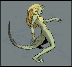Rule 34 | 1girl, blonde hair, capcom, colored skin, green skin, reptile girl, lizard tail, long hair, lowres, monster girl, monster hunter (series), nude, peco (pockleberry), royal ludroth, solo, tail