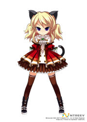 Rule 34 | 10s, animal ears, armcho, blonde hair, brooch, cat (trickster), cat ears, cat tail, dress, full body, jewelry, legs apart, purple eyes, smile, solo, standing, tail, thighhighs, trickster (ntreev soft), twintails