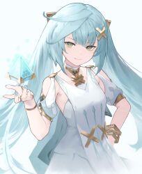 Rule 34 | 1girl, aizawa masaya, aqua hair, bare shoulders, commentary request, dress, faruzan (genshin impact), genshin impact, green eyes, hair ornament, hand on own hip, hand up, highres, long hair, looking at viewer, short sleeves, smile, solo, twintails, upper body, very long hair, white dress, x hair ornament
