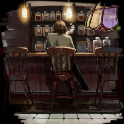 Rule 34 | 1boy, akechi gorou, black border, black pants, book, border, brown hair, cafe, coffee pot, commentary request, counter, crossed legs, from behind, full body, hanging light, houhou (black lack), indoors, jacket, light particles, male focus, pants, persona, persona 5, short hair, sitting, solo, stained glass, tile floor, tiles