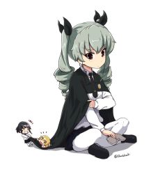 Rule 34 | anchovy (girls und panzer), anzio school uniform, black cape, black footwear, black hair, black neckwear, black ribbon, black skirt, blonde hair, book, buchikaki, cape, cape grab, chibi, closed mouth, commentary, dress shirt, drill hair, emblem, frown, girls und panzer, green hair, grin, hair ribbon, holding, holding book, indian style, long hair, long sleeves, looking at another, mini person, minigirl, miniskirt, necktie, notice lines, open mouth, pantyhose, pleated skirt, red eyes, ribbon, school uniform, shadow, shirt, shoes, simple background, sitting, skirt, smile, twin drills, twintails, twitter username, white background, white legwear, white shirt, wing collar