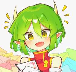 Rule 34 | 1girl, blush, brown eyes, china dress, chinese clothes, dragon girl, dragon horns, dress, elbow gloves, envelope, fang, gloves, green hair, highres, holding, holding envelope, holding letter, horns, letter, nero claudius (fate), nero claudius (fate) (all), offbeat, open mouth, pointy ears, puyopuyo, queen draco (fate), red dress, short hair, sleeveless, sleeveless dress, smile, solo, white gloves