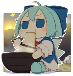 1girl absurdres ahoge bloomers blue_bow blue_dress blue_eyes blue_footwear blue_hair blush_stickers bow bowl bowtie chopsticks cirno commentary_request dress eating food full_body fumo_(doll) hair_bow highres holding holding_chopsticks ice ice_wings kame_(kamepan44231) mochi outline red_bow red_bowtie shirt short_hair short_sleeves sitting solo sparkle sun touhou underwear white_bloomers white_outline white_shirt wings