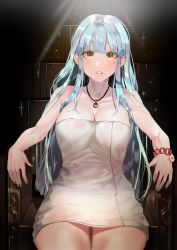 Rule 34 | 1girl, bad id, bad pixiv id, bangle, blue nails, blunt bangs, blush, bracelet, breasts, chair, cleavage, collarbone, commentary request, elbow rest, facial mark, girls&#039; frontline, green eyes, hair ornament, highres, hk416 (girls&#039; frontline), ihobus, jewelry, large breasts, long hair, looking at viewer, nail polish, naked towel, open mouth, silver hair, sitting, solo, sparkle, teardrop, towel, very long hair, wet
