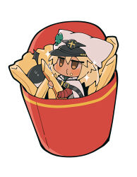Rule 34 | 1girl, bandaged arm, bandages, blonde hair, blush, blush stickers, cape, cheek bulge, chibi, clover, crumbs, dark-skinned female, dark skin, eating, food, food on face, four-leaf clover, french fries, guilty gear, guilty gear strive, hat, highres, holding, holding food, in container, in food, itsuka neru, jitome, light blush, looking ahead, lucifero (guilty gear), medium hair, mini person, minigirl, no mouth, orange eyes, ramlethal valentine, red bandage, simple background, solo, sparkle, sweatdrop, white background, white hat
