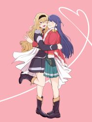 Rule 34 | 2girls, absurdres, aqua skirt, black footwear, black hairband, black jacket, black skirt, blonde hair, boots, cheek-to-cheek, closed eyes, commentary, epaulettes, full body, grin, hairband, hand on another&#039;s back, heads together, heart, highres, jacket, jacket on shoulders, long hair, long sleeves, looking at viewer, multiple girls, one eye closed, one side up, open mouth, pink background, purple hair, red eyes, red jacket, rtf 11th, saijou claudine, shoujo kageki revue starlight, simple background, skirt, smile, tsuyuzaki mahiru, w, yuri