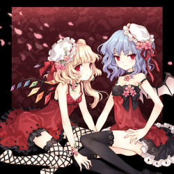 Rule 34 | 2girls, alternate costume, black thighhighs, blonde hair, blue hair, breasts, choker, cleavage, contemporary, dress, face, female focus, fishnets, flandre scarlet, flower, frills, hat, hat flower, lace, lace-trimmed legwear, lace trim, looking at viewer, mob cap, multiple girls, petals, purple hair, red eyes, remilia scarlet, short dress, short hair, siblings, sisters, sitting, sleeveless, small breasts, smile, tearfish, thighhighs, touhou, wings