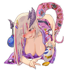 Rule 34 | 1girl, :d, ass, blonde hair, blue nails, blush, breasts, cleavage, cup, hair over eyes, highres, horns, japanese clothes, kimono, long hair, looking at viewer, nail polish, open mouth, pink hair, purple nails, r project, red eyes, sakazuki, sash, satou daiji, simple background, smile, solo, tail, tsuzura amo, virtual youtuber, white background