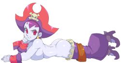 Rule 34 | 1girl, absurdres, arm support, ass, breasts, clothes pull, convenient censoring, from side, hat, highres, large breasts, legs, looking at viewer, lying, no bra, on stomach, pants, pants pull, pirate hat, purple hair, red eyes, risky boots, shantae (series), short hair, sideboob, smile, solo, the pose, thighs, topless