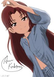 Rule 34 | 10s, 1girl, arm up, artist name, blue pants, blue shirt, brown eyes, brown hair, bukkuri, character name, closed mouth, commentary, dated, dutch angle, girls und panzer, hair down, kadotani anzu, long hair, long sleeves, looking at viewer, navel, open clothes, open shirt, pajamas, pants, parted bangs, shirt, signature, simple background, smile, solo, standing, upper body, white background